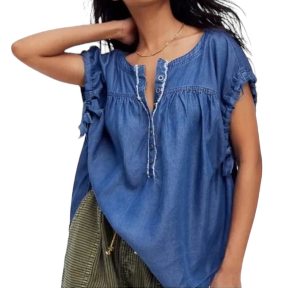 Free People Blue Ruffle Sleeve Blouse
